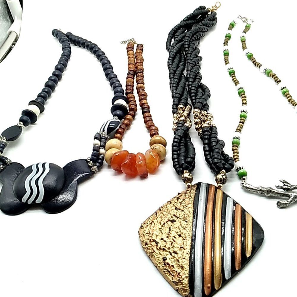 Lot of 4 Wood & Wood-Look Necklaces
